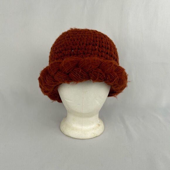 Vintage Hand-Crotchet Orange Knitted Hat Beanie